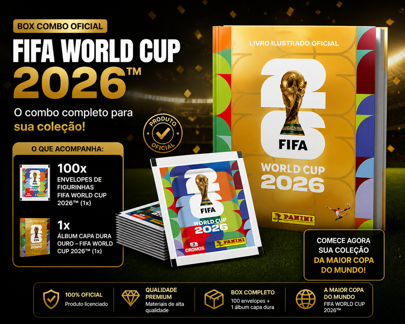 [KIT] Box com 100 Envelopes de Figurinhas + Álbum Ouro™